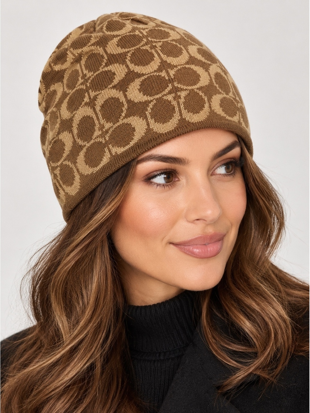 Coach Signature C Logo Knit Beanie Hat Brown Tan Wool Blend One Size
